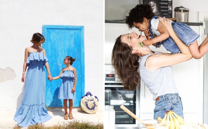 blaue Kleider und Denim Mutter Tochter