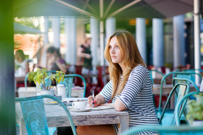 Woman drinking coffee and writing notes in cafe