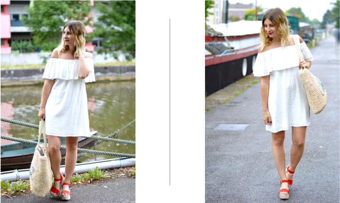 femme portant une robe blanche et des chaussures rouge