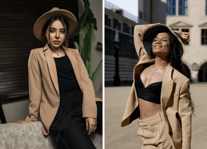 Beżowa marynarka stylizacje w stylu minimalistycznym